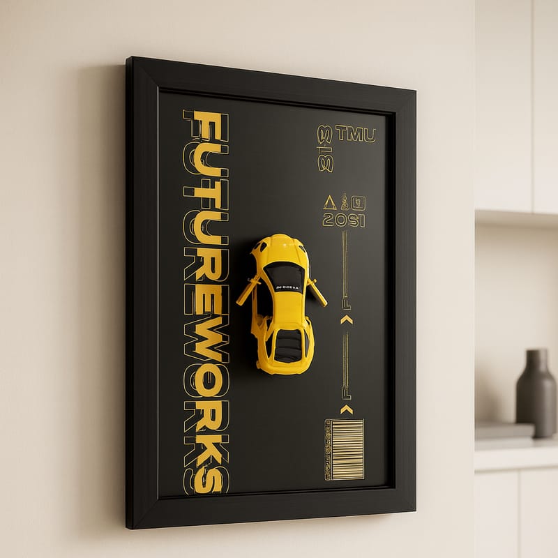Metal Car Wall Frame – 3D Yellow Sports Car Decorative Wall Art